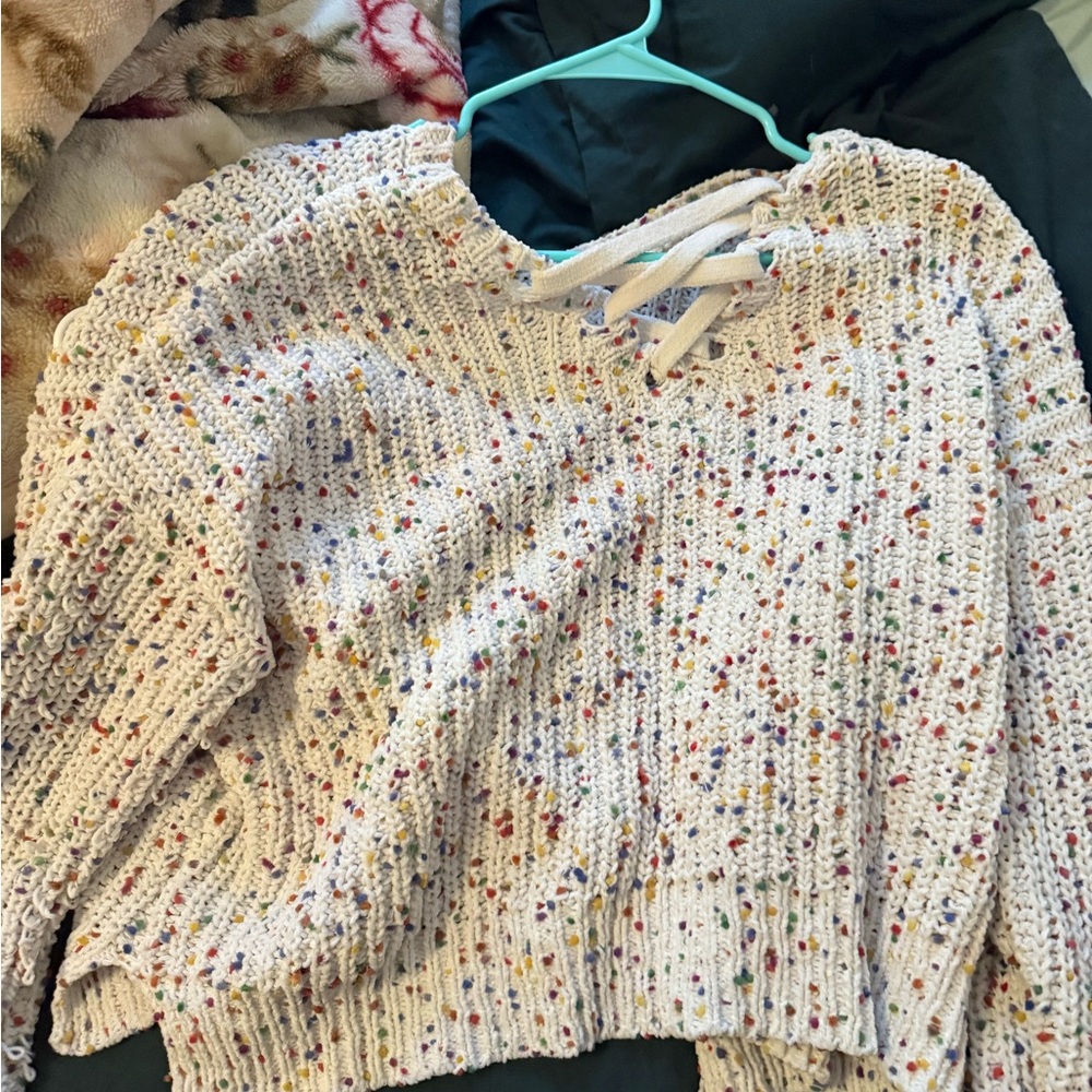 JCPenney Multicolor Speckled Sweater with Lace-Up Neck